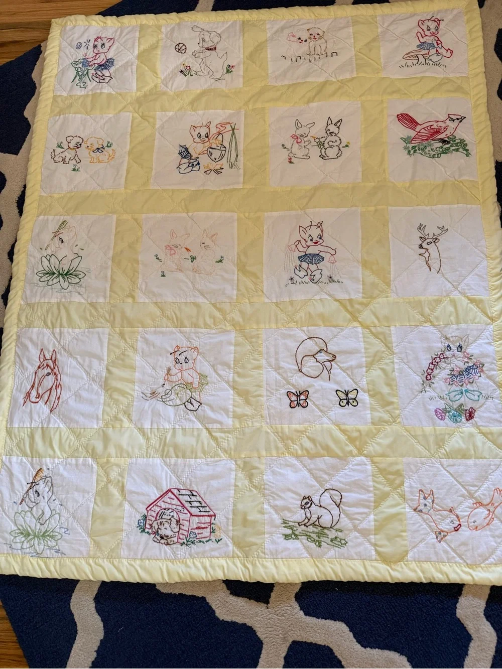 Hand-Embroidered Yellow & White Baby Quilt - Vintage Animal Blocks